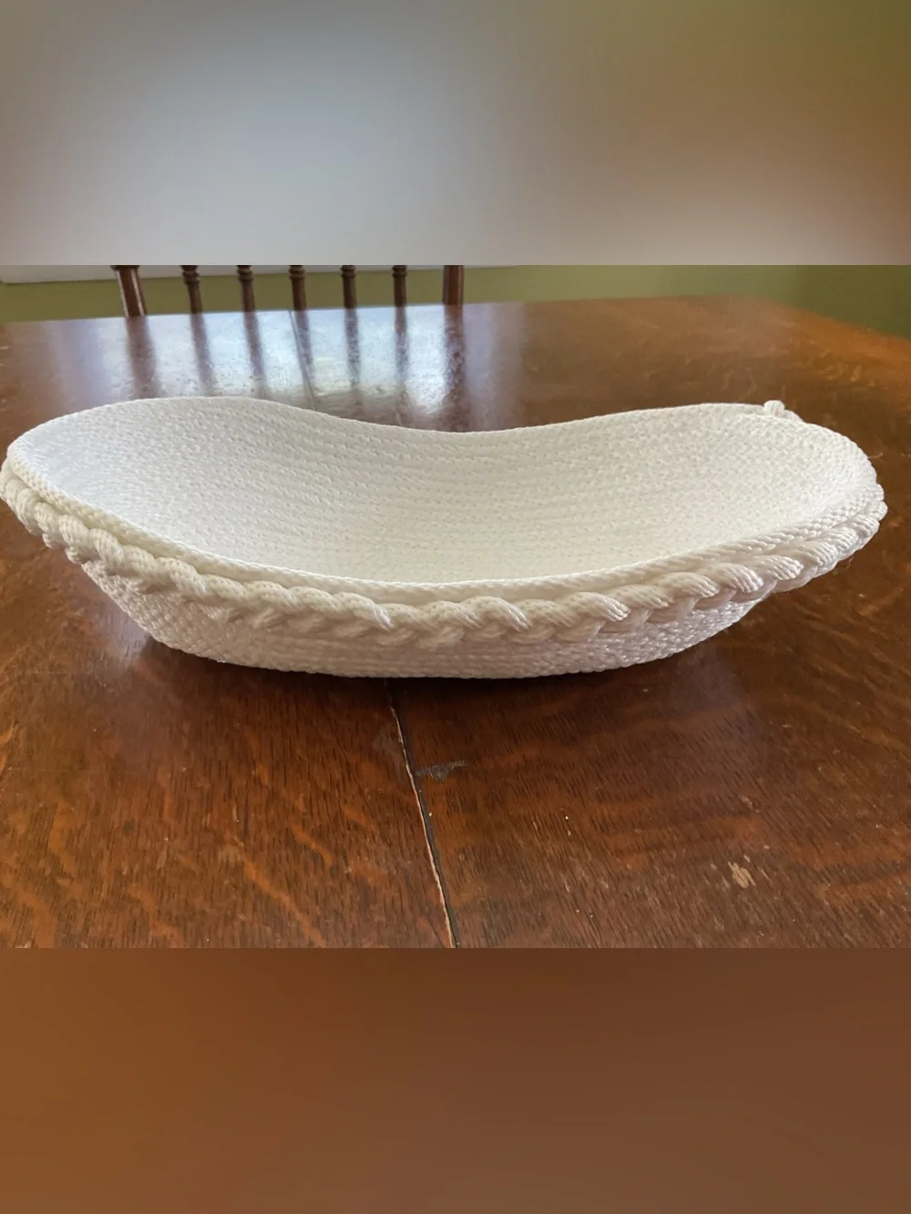 Handmade Coiled Cotton Rope Oval Bowl w/ Braided Trim